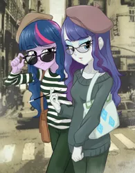 Size: 1000x1280 | Tagged: safe, artist:ta-na, derpibooru import, rarity, twilight sparkle, equestria girls, beatnik, beatnik rarity, beret, cigarette, cigarette holder, clothes, duo, france, hat, smoking, sunglasses, sweater