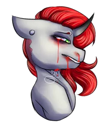 Size: 1267x1450 | Tagged: semi-grimdark, artist:misfit, derpibooru import, oc, oc:digitalcanvas, unofficial characters only, pony, unicorn, blood, bust, female, injured, mare, portrait, simple background, solo, transparent background, vent art, watermark