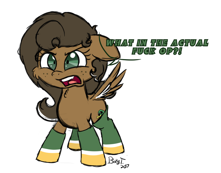 Size: 2356x1842 | Tagged: safe, artist:binkyt11, derpibooru import, oc, oc:duck badge, ponified, unofficial characters only, pegasus, pony, derpibooru, cheek fluff, chest fluff, clothes, derpibooru ponified, female, fluffy, mare, medibang paint, meta, shrunken pupils, small, socks, solo, spread wings, vulgar, wings