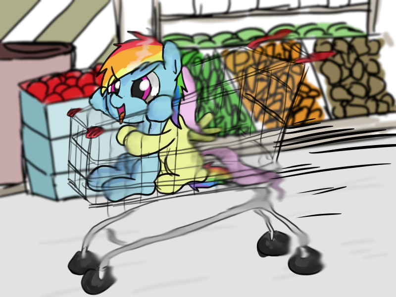 Size: 800x600 | Tagged: safe, artist:ehfkdl569, derpibooru import, fluttershy, rainbow dash, pony, duo, female, filly, shopping cart