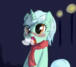 Size: 800x700 | Tagged: safe, artist:ehfkdl569, derpibooru import, lyra heartstrings, pony, unicorn, blushing, clothes, cold, scarf, solo, streetlight, visible breath