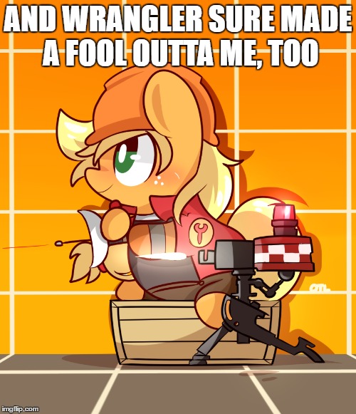 Size: 500x581 | Tagged: safe, artist:lifeloser, derpibooru import, edit, applejack, pony, fluttershy leans in, clothes, crate, engineer, gloves, hard hat, hat, mini-sentry gun, sentry gun, solo, team fortress 2, wrangler (team fortress 2)