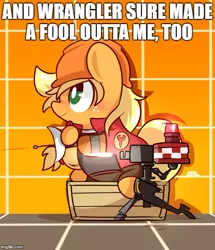 Size: 500x581 | Tagged: safe, artist:lifeloser, derpibooru import, edit, applejack, pony, fluttershy leans in, clothes, crate, engineer, gloves, hard hat, hat, mini-sentry gun, sentry gun, solo, team fortress 2, wrangler (team fortress 2)