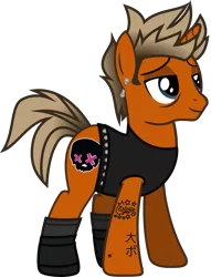 Size: 1063x1394 | Tagged: safe, artist:lightningbolt, derpibooru import, ponified, pony, unicorn, .svg available, bags under eyes, belt, clothes, ear piercing, gradient, green day, lidded eyes, male, mike dirnt, piercing, shoes, simple background, smiling, socks, solo, stallion, standing, svg, tanktop, tattoo, transparent background, vector