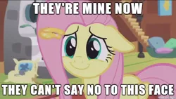 Size: 610x343 | Tagged: safe, derpibooru import, edit, edited screencap, screencap, fluttershy, butterfly, pony, fluttershy leans in, image macro, meme, oven, pet bed, pot, smiling, solo, stairs