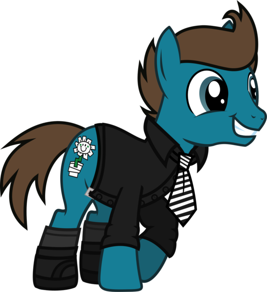 Size: 1148x1255 | Tagged: safe, artist:lightningbolt, derpibooru import, ponified, earth pony, pony, .svg available, american idiot, belt, buckle, clothes, green day, grin, happy, male, necktie, open mouth, raised hoof, rolled up sleeves, shirt, shoes, simple background, smiling, socks, solo, stallion, svg, transparent background, tré cool, vector