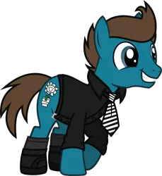 Size: 1148x1255 | Tagged: safe, artist:lightningbolt, derpibooru import, ponified, earth pony, pony, .svg available, american idiot, belt, buckle, clothes, green day, grin, happy, male, necktie, open mouth, raised hoof, rolled up sleeves, shirt, shoes, simple background, smiling, socks, solo, stallion, svg, transparent background, tré cool, vector