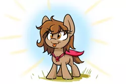 Size: 1500x1000 | Tagged: safe, artist:heir-of-rick, derpibooru import, oc, oc:brownie bun, unofficial characters only, earth pony, pony, abstract background, brownie bun without her pearls, cmc cape, cute, female, filly, ocbetes, solo, tongue out, younger