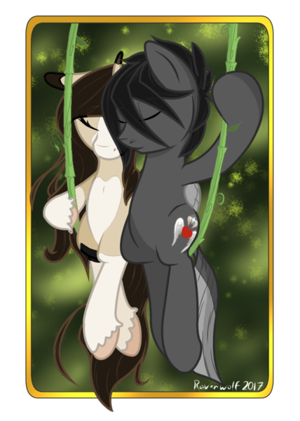 Size: 648x909 | Tagged: safe, artist:humble-ravenwolf, derpibooru import, oc, oc:adelle, oc:ravenhoof, unofficial characters only, pegasus, pony, unicorn, couple, cuddling, ravelle, vine