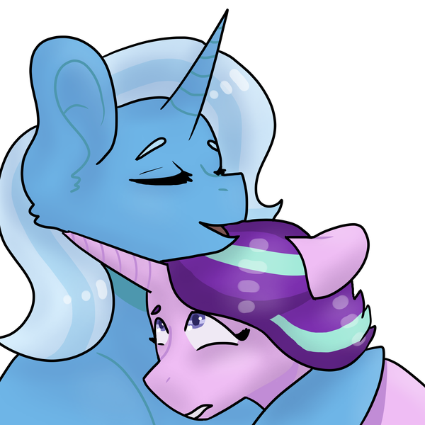 Size: 2000x2000 | Tagged: safe, artist:sharksrule12, derpibooru import, starlight glimmer, trixie, pony, female, high res, hug, lesbian, mare, shipping, simple background, startrix, white background