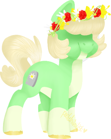 Size: 359x448 | Tagged: safe, artist:scoobert-doobert, derpibooru import, oc, oc:pushing daisies, unofficial characters only, earth pony, pony, female, floral head wreath, flower, hair over eyes, mare, simple background, solo, transparent background