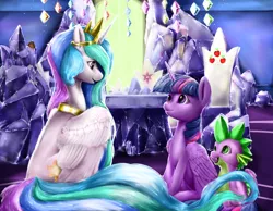 Size: 3600x2800 | Tagged: dead source, safe, artist:rossignolet, derpibooru import, princess celestia, spike, twilight sparkle, twilight sparkle (alicorn), alicorn, dragon, pony, chair, crown, cutie map, female, friendship throne, jewelry, looking at each other, male, mare, regalia, sitting, smiling, trio, twilight's castle
