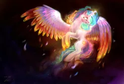 Size: 2531x1719 | Tagged: safe, artist:elzafox, derpibooru import, princess celestia, alicorn, pony, colored wings, colored wingtips, female, flying, glowing eyes, mare, multicolored wings, solo