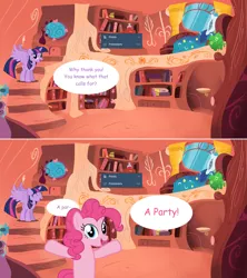 Size: 1280x1444 | Tagged: safe, artist:hakunohamikage, derpibooru import, pinkie pie, twilight sparkle, twilight sparkle (alicorn), alicorn, pony, ask-princesssparkle, ask, golden oaks library, milestone, tumblr