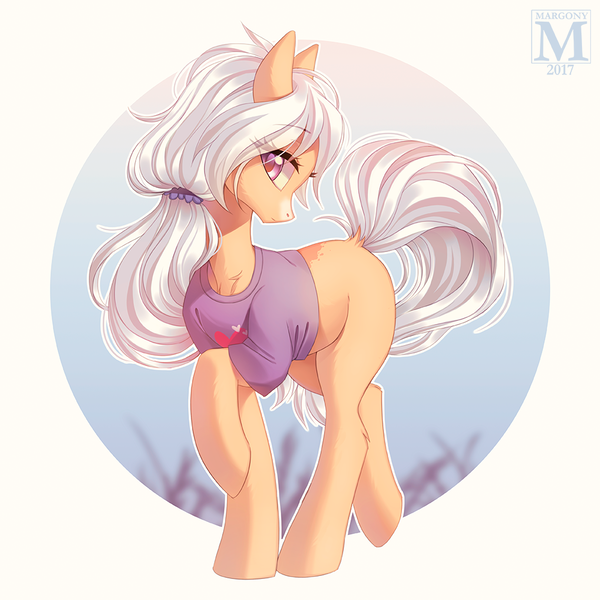 Size: 1000x1000 | Tagged: safe, artist:margony, derpibooru import, oc, unofficial characters only, earth pony, pony, clothes, colored pupils, female, gift art, mare, raised hoof, shirt, simple background, solo