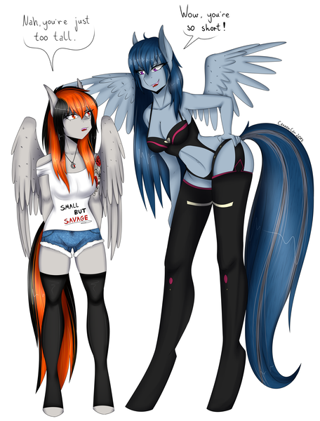 Size: 3800x5000 | Tagged: absurd resolution, anthro, anthro oc, artist:cannoncar, bra, breasts, clothes, daisy dukes, derpibooru import, ear piercing, earring, female, height difference, jewelry, mare, oc, oc:cannon car, oc:lightdelablue, panties, pegasus, piercing, shirt, shorts, simple background, socks, stockings, suggestive, thigh highs, t-shirt, underwear, unguligrade anthro, unofficial characters only