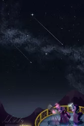 Size: 1280x1920 | Tagged: safe, artist:musicfirewind, derpibooru import, starlight glimmer, twilight sparkle, twilight sparkle (alicorn), alicorn, pony, balcony, magic, mountain, night, shooting star, stargazing, stars, telescope