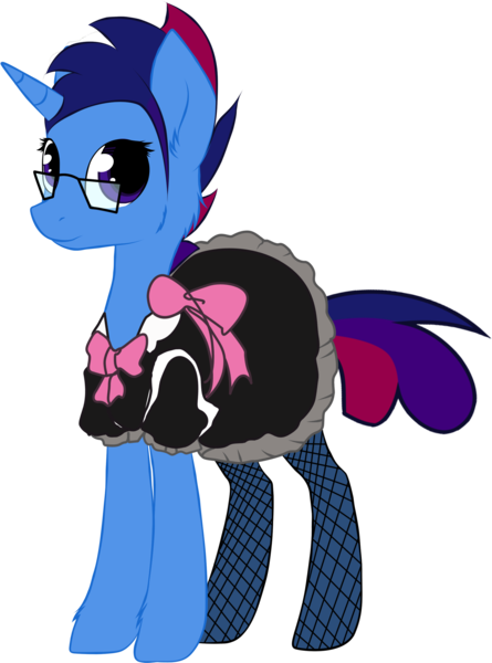 Size: 2048x2761 | Tagged: safe, artist:carminestrider, derpibooru import, oc, oc:marquis majordome, unofficial characters only, pony, unicorn, bow, clothes, crossdressing, cute, dress, fishnet clothing, fishnets, french maid, glasses, maid, male, ocbetes, simple background, solo, stallion, transparent background