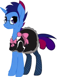 Size: 2048x2761 | Tagged: safe, artist:carminestrider, derpibooru import, oc, oc:marquis majordome, unofficial characters only, pony, unicorn, bow, clothes, crossdressing, cute, dress, fishnet clothing, fishnets, french maid, glasses, maid, male, ocbetes, simple background, solo, stallion, transparent background
