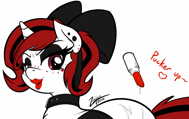 Size: 1280x811 | Tagged: questionable, artist:zajice, derpibooru import, oc, oc:lilith, unofficial characters only, pony, black eyeshadow, bow, collar, dialogue, ear piercing, earring, eyeshadow, freckles, hair bow, heart, implied analingus, jewelry, lipstick, lipstick on anus, makeup, piercing, plot, red lipstick, solo
