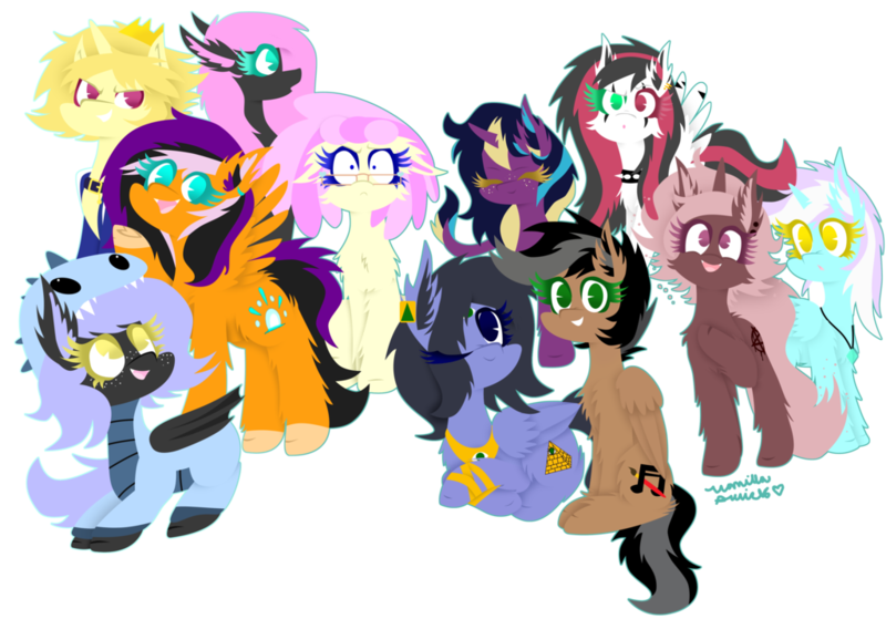 Size: 1024x716 | Tagged: safe, artist:vanillaswirl6, derpibooru import, oc, oc:artsong, oc:cloudy night, oc:cream cloud, oc:crona, oc:eigii, oc:emala jiss, oc:midnight fairytale, oc:prince lionel, oc:sunrise, oc:vanilla swirl, oc:wind blade, unofficial characters only, alicorn, bat pony, classical unicorn, earth pony, pegasus, pony, unicorn, :c, :d, :o, alicorn oc, bracelet, cheek fluff, chibi, clothes, colored eyelashes, colored hooves, costume, crown, curved horn, cute, cute little fangs, ear fluff, eyes closed, fangs, female, fluffy, flying, freckles, frown, gift art, glasses, group, happy, heterochromia, jewelry, leonine tail, looking at something, looking at you, male, mare, necklace, no pupils, one eye closed, open mouth, outline, raised hoof, regalia, sharp teeth, shoulder fluff, signature, sitting, smiling, spread wings, stallion, surprised, teeth, unshorn fetlocks, wall of tags, wings, wink