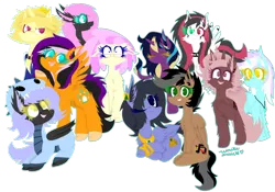Size: 1024x716 | Tagged: safe, artist:vanillaswirl6, derpibooru import, oc, oc:artsong, oc:cloudy night, oc:cream cloud, oc:crona, oc:eigii, oc:emala jiss, oc:midnight fairytale, oc:prince lionel, oc:sunrise, oc:vanilla swirl, oc:wind blade, unofficial characters only, alicorn, bat pony, classical unicorn, earth pony, pegasus, pony, unicorn, :c, :d, :o, alicorn oc, bracelet, cheek fluff, chibi, clothes, colored eyelashes, colored hooves, costume, crown, curved horn, cute, cute little fangs, ear fluff, eyes closed, fangs, female, fluffy, flying, freckles, frown, gift art, glasses, group, happy, heterochromia, jewelry, leonine tail, looking at something, looking at you, male, mare, necklace, no pupils, one eye closed, open mouth, outline, raised hoof, regalia, sharp teeth, shoulder fluff, signature, sitting, smiling, spread wings, stallion, surprised, teeth, unshorn fetlocks, wall of tags, wings, wink