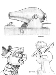 Size: 1100x1465 | Tagged: safe, artist:baron engel, derpibooru import, apple bloom, oc, oc:stone mane (baron engel), pony, armor, bfg, bow, cannon, colt, floppy ears, grayscale, hair bow, image, jpeg, male, monochrome, older, pencil drawing, simple background, size difference, story included, traditional art, white background