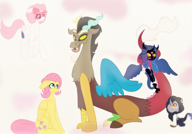 Size: 652x456 | Tagged: safe, artist:theroyalartofna, derpibooru import, discord, fluttershy, oc, oc:nabu, oc:ursa moonstorm, oc:vivi blueblood, hybrid, flashback, interspecies offspring, offspring, parent:discord, parent:princess luna, parents:blueshy, parents:lunacord, sad, story included