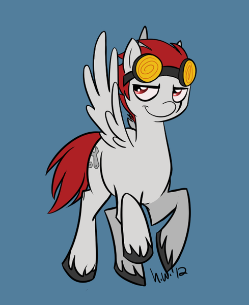 Size: 532x653 | Tagged: safe, artist:solstjarn, derpibooru import, ponified, pegasus, pony, goggles, jack spicer, lidded eyes, simple background, smiling, solo, unshorn fetlocks