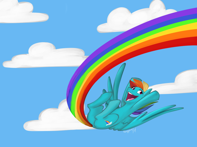 Size: 1024x768 | Tagged: safe, artist:solstjarn, derpibooru import, rainbow dash, pony, cloud, flying, open mouth, rainbow, rainbow trail, sky, smiling, solo