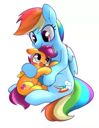 Size: 1400x1800 | Tagged: safe, artist:renokim, derpibooru import, rainbow dash, scootaloo, pony, cute, cutealoo, hug, open mouth, scootalove, simple background, white background