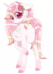 Size: 1726x2412 | Tagged: safe, artist:little-sketches, derpibooru import, oc, unofficial characters only, pony, unicorn, art trade, chest fluff, colored hooves, colored pupils, cute, eye clipping through hair, female, floppy ears, flower, flower in hair, fluffy, looking at you, mare, ocbetes, simple background, smiling, solo, white background