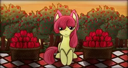 Size: 2048x1087 | Tagged: safe, artist:aquaangel1010, derpibooru import, apple bloom, pony, apple, blushing, food, looking at you, picnic, picnic blanket, solo, sunset, sweet apple acres