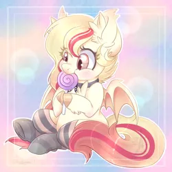 Size: 1024x1024 | Tagged: safe, artist:silent-shadow-wolf, derpibooru import, oc, unofficial characters only, bat pony, pony, candy, chest fluff, clothes, cute, cute little fangs, ear fluff, eating, fangs, female, food, hnnng, leg fluff, lollipop, mare, nom, ocbetes, socks, solo, stockings, striped socks, thigh highs