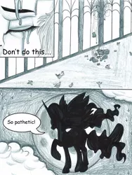 Size: 1024x1365 | Tagged: safe, artist:tillie-tmb, derpibooru import, nightmare moon, princess celestia, pony, comic:the amulet of shades, cloud, crying, monochrome, raised hoof, shadow, traditional art