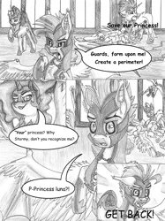 Size: 1280x1707 | Tagged: safe, artist:tillie-tmb, derpibooru import, nightmare moon, princess celestia, oc, oc:storm sabre, alicorn, pony, comic:the amulet of shades, comic, female, mare, monochrome, night guard, royal guard, traditional art