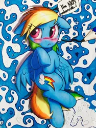 Size: 1024x1365 | Tagged: dead source, safe, artist:captainpudgemuffin, artist:project-parallel, artist:whitediamonds, derpibooru import, rainbow dash, pegasus, pony, abstract background, blatant lies, blushing, cute, dashabetes, i'm not cute, on back, pencil, solo, trace, traditional art, tsunderainbow, tsundere