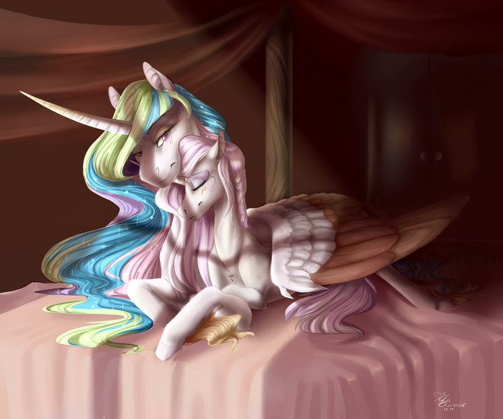 Size: 3000x2500 | Tagged: safe, artist:maxiima, derpibooru import, fleur-de-lis, princess celestia, alicorn, pony, unicorn, bed, chest fluff, cuddling, female, fleurestia, hug, lesbian, mare, neck nuzzle, nuzzling, prone, shipping, winghug