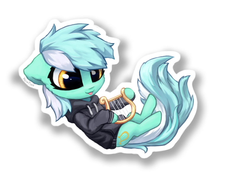 Size: 1370x1068 | Tagged: safe, artist:inowiseei, derpibooru import, lyra heartstrings, pony, unicorn, fanfic:background pony, chibi, clothes, cute, female, hnnng, hoodie, lyrabetes, lyre, mare, missing horn, simple background, smiling, solo, sticker, sweater, tongue out, transparent background