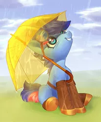 Size: 1783x2160 | Tagged: safe, artist:aphphphphp, derpibooru import, oc, oc:ryo, unofficial characters only, pony, unicorn, boots, commission, female, goggles, grin, looking up, mare, rain, sitting, smiling, solo, umbrella, ych result