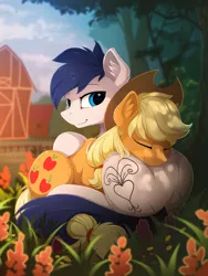 Size: 1652x2200 | Tagged: safe, artist:yakovlev-vad, derpibooru import, applejack, oc, oc:constance everheart, earth pony, pony, barn, canon x oc, commission, cuddling, dappled sunlight, ear fluff, everjack, eyes closed, female, flower, male, mare, shipping, smiling, stallion, straight, sweet apple acres