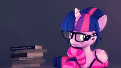 Size: 1920x1080 | Tagged: safe, artist:flushthebatsanta, derpibooru import, twilight sparkle, twilight sparkle (alicorn), alicorn, pony, 3d, alternate hairstyle, book, bookhorse, clothes, glasses, looking at you, poster, socks, solo, source filmmaker, striped socks