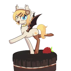 Size: 1000x1000 | Tagged: safe, artist:pvrtypoison, derpibooru import, oc, oc:sweet magic, unofficial characters only, bat pony, pony, cake, clothes, collar, cute, cute little fangs, ear fluff, fangs, food, looking at you, one eye closed, simple background, socks, solo, transparent background, wink
