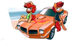 Size: 1920x1080 | Tagged: safe, artist:dori-to, derpibooru import, oc, oc:goldenfox, oc:keyframe, unofficial characters only, pegasus, phoenix, pony, unicorn, beach, bipedal, car, clothes, female, goldenkey, jacket, leaning, makeup, male, mare, one-piece swimsuit, pontiac firebird, sitting, smiling, stallion, swimsuit, wings