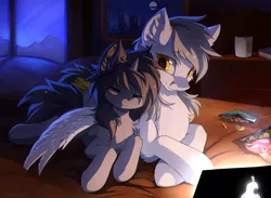 Size: 1200x879 | Tagged: safe, artist:hioshiru, derpibooru import, oc, oc:kate, oc:kej, unofficial characters only, pegasus, pony, unicorn, bed, book, cheek fluff, chest fluff, chips, chromatic aberration, computer, couple, cup, cute, dresser, duo, ear fluff, eyes closed, female, fluffy, food, hug, k+k, laptop computer, leg fluff, macbook, male, mare, moon, mountain, mug, night, ocbetes, picture, pillow, shoulder fluff, skyline, sleeping, snacks, stallion, straight, wing fluff, winghug