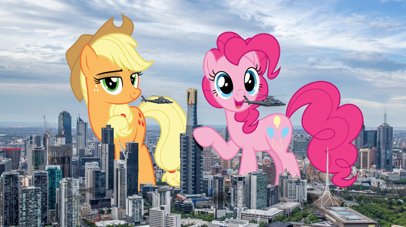 Size: 2500x1400 | Tagged: safe, artist:dashiesparkle, artist:theotterpony, derpibooru import, applejack, pinkie pie, earth pony, pony, australia, city, cowboy hat, female, freckles, giant pony, hat, helicopter, highrise ponies, irl, macro, mare, melbourne, open mouth, photo, ponies in real life, raised hoof, stetson, story in the source