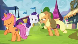 Size: 1024x576 | Tagged: safe, artist:leandrovalhalla, derpibooru import, edit, edited screencap, screencap, applejack, rarity, oc, oc:dance illusions, unicorn, trade ya, carnival, watermark