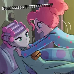 Size: 750x750 | Tagged: safe, artist:lumineko, derpibooru import, maud pie, pinkie pie, equestria girls, rock solid friendship, bed, bell, clothes, cowbell, equestria girls interpretation, female, footed sleeper, hair curlers, looking at each other, open mouth, pajamas, pie sisters, scene interpretation, siblings, sisters, smiling