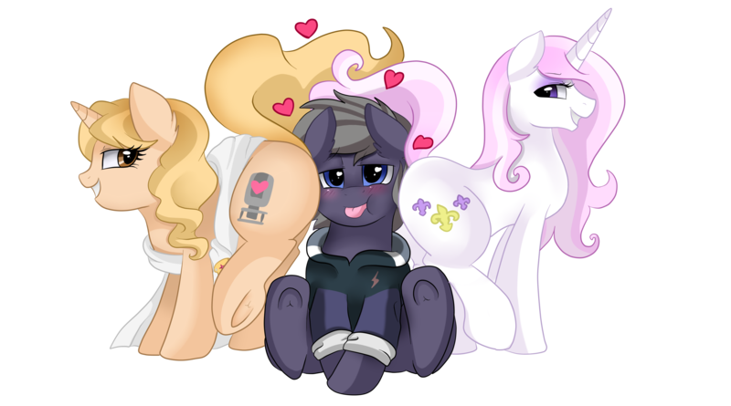 Size: 3509x1950 | Tagged: suggestive, artist:pridark, derpibooru import, fleur-de-lis, oc, oc:beat, oc:taralicious, ponified, pony, unicorn, butt bump, commission, faceful of ass, female, heart, interrogation, lucky bastard, male, mare, plot, plot sandwich, raised tail, smiling, stallion, tail, tara strong, trio