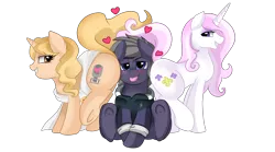 Size: 3509x1950 | Tagged: suggestive, artist:pridark, derpibooru import, fleur-de-lis, oc, oc:beat, oc:taralicious, ponified, pony, unicorn, butt bump, commission, faceful of ass, female, heart, interrogation, lucky bastard, male, mare, plot, plot sandwich, raised tail, smiling, stallion, tail, tara strong, trio